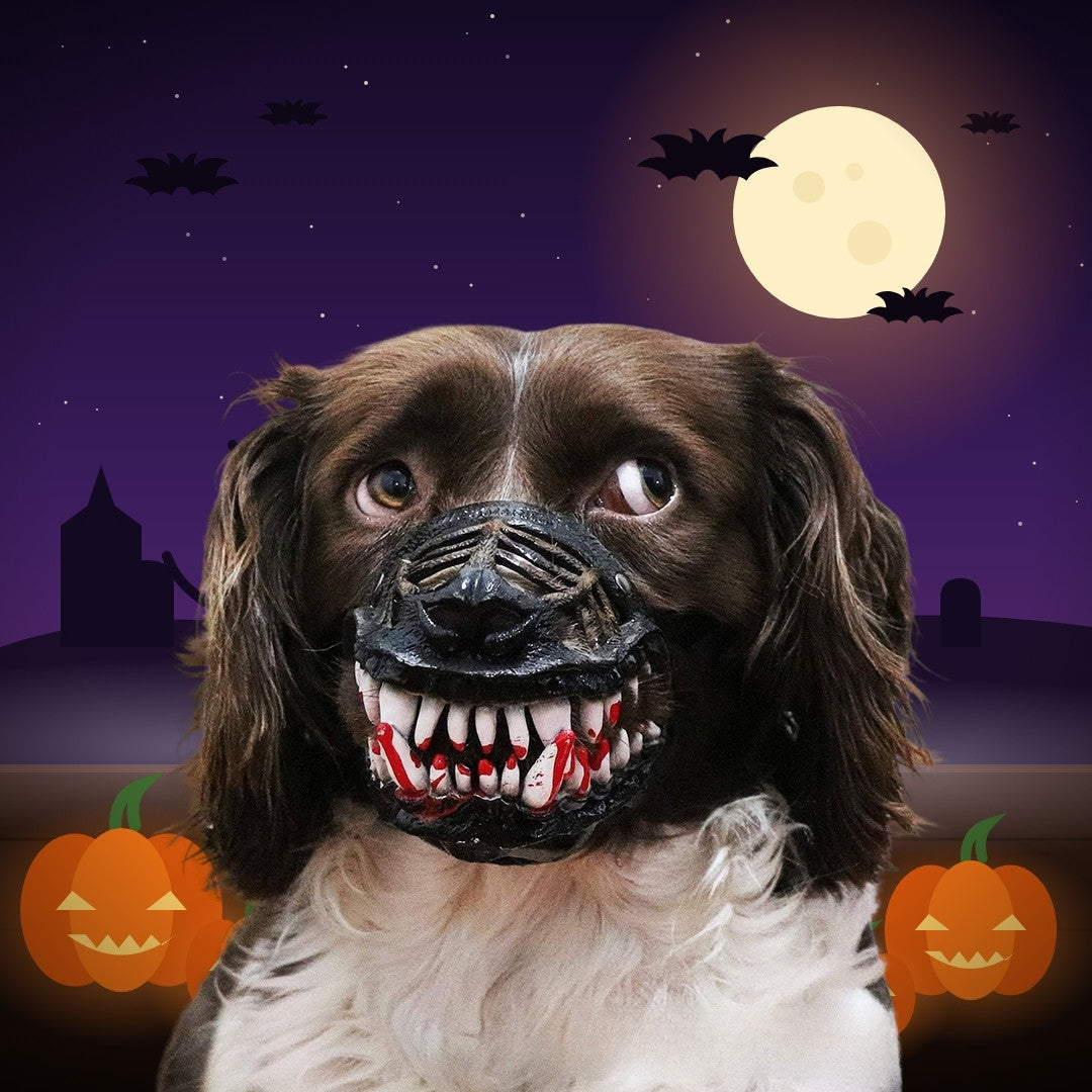 Perro con máscara de dinosaurio de Halloween