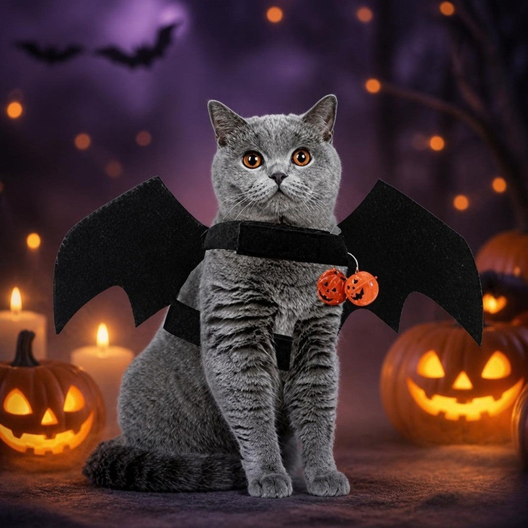 Gato con alas de murciélago de Halloween